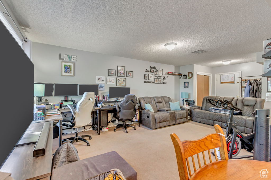 Interior space featuring a textured ceiling and light colored carpet