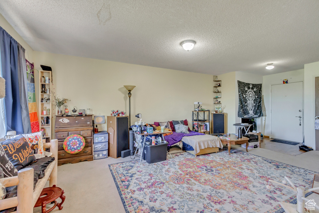 Living room with a textured ceiling and carpet flooring