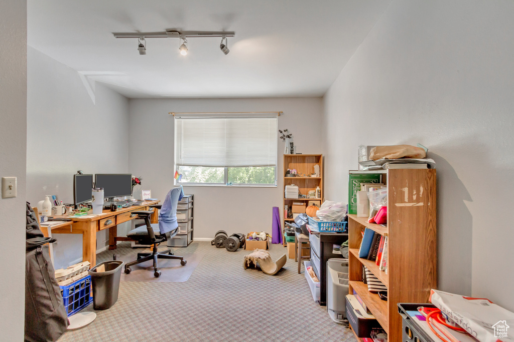 Office area with carpet flooring and track lighting