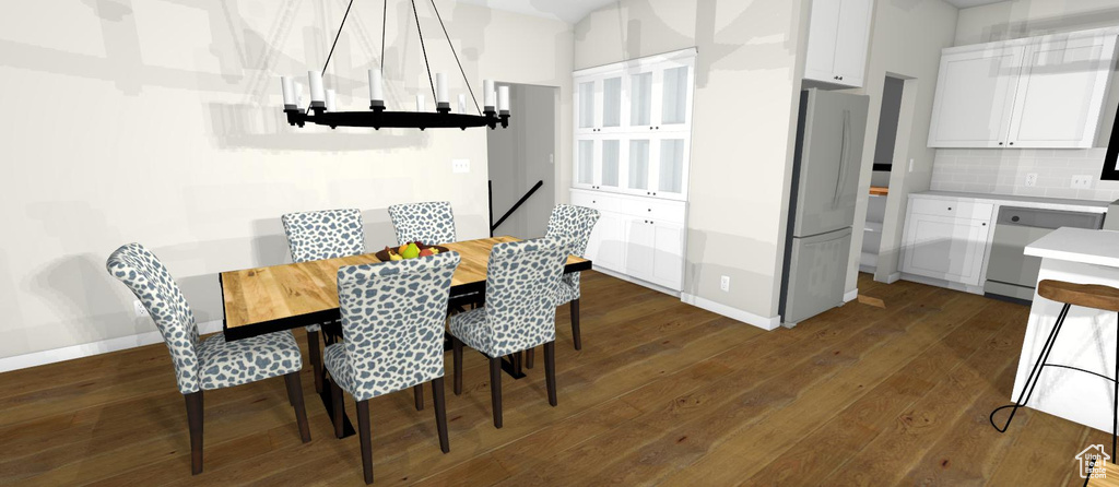 Dining area with dark wood-type flooring