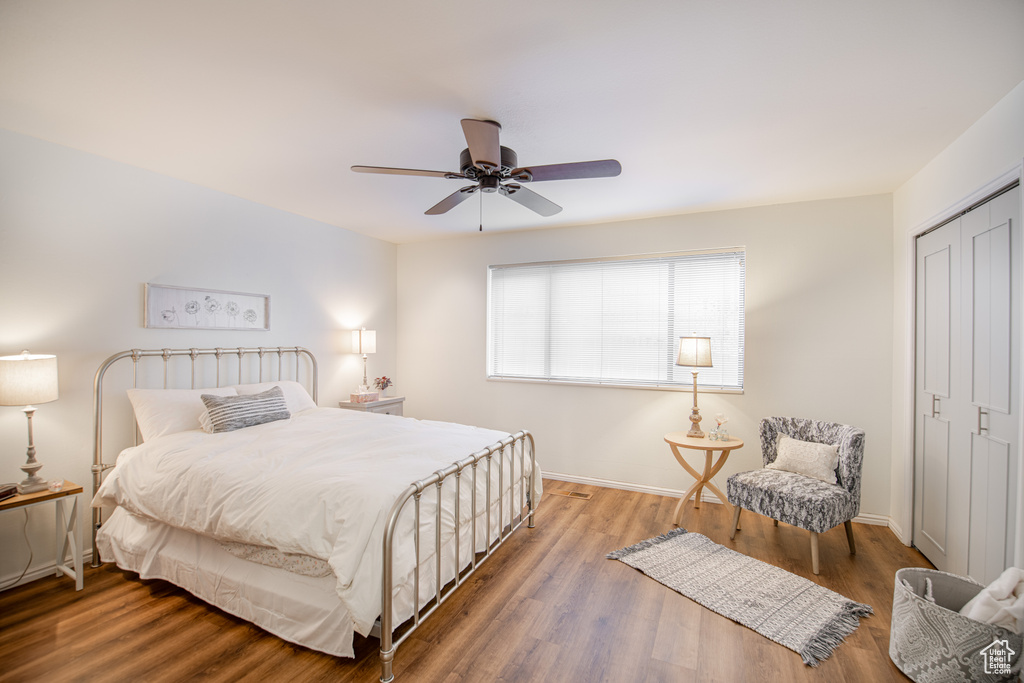 Bedroom with a closet, ceiling fan, and hardwood / wood-style flooring