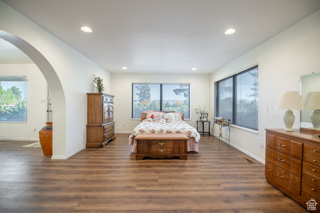 Bedroom with multiple windows and dark hardwood / wood-style flooring