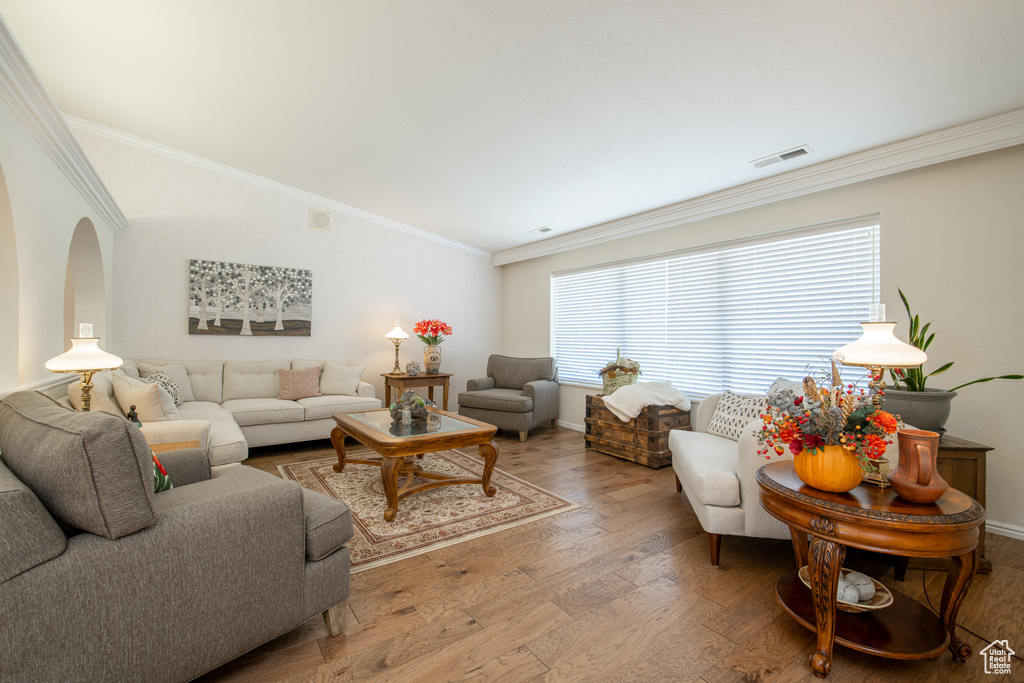 Living room featuring hardwood / wood-style flooring and ornamental molding