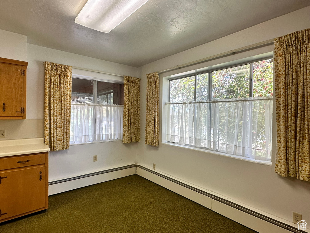 Unfurnished dining area with dark carpet, a textured ceiling, and baseboard heating