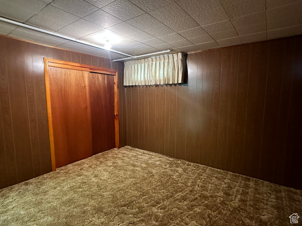 Interior space with wooden walls and carpet flooring