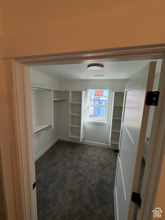 Walk in closet with dark carpet