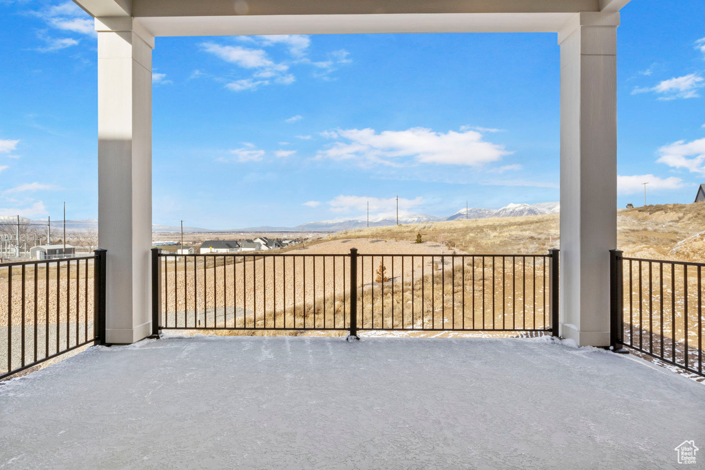 View of patio / terrace with a mountain view