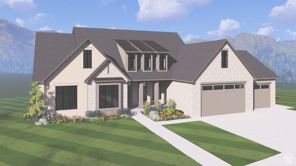 View of front facade featuring a front lawn, a garage, and a mountain view