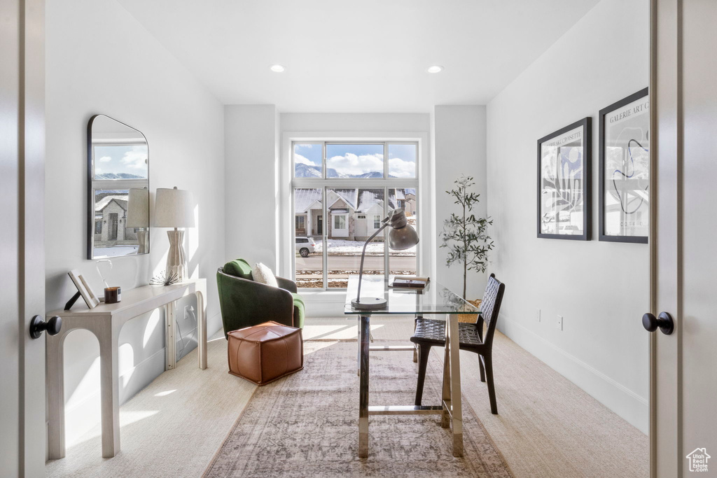 View of carpeted home office