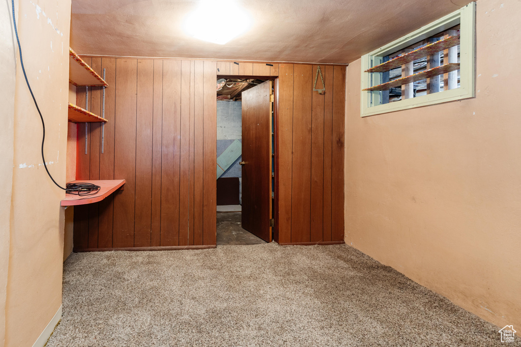 Interior space featuring wooden walls and light colored carpet