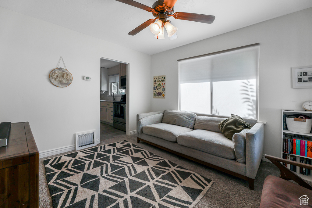 Living room featuring sink and ceiling fan