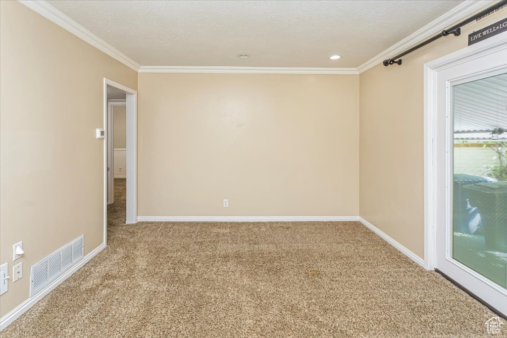 Carpeted empty room featuring a textured ceiling and ornamental molding