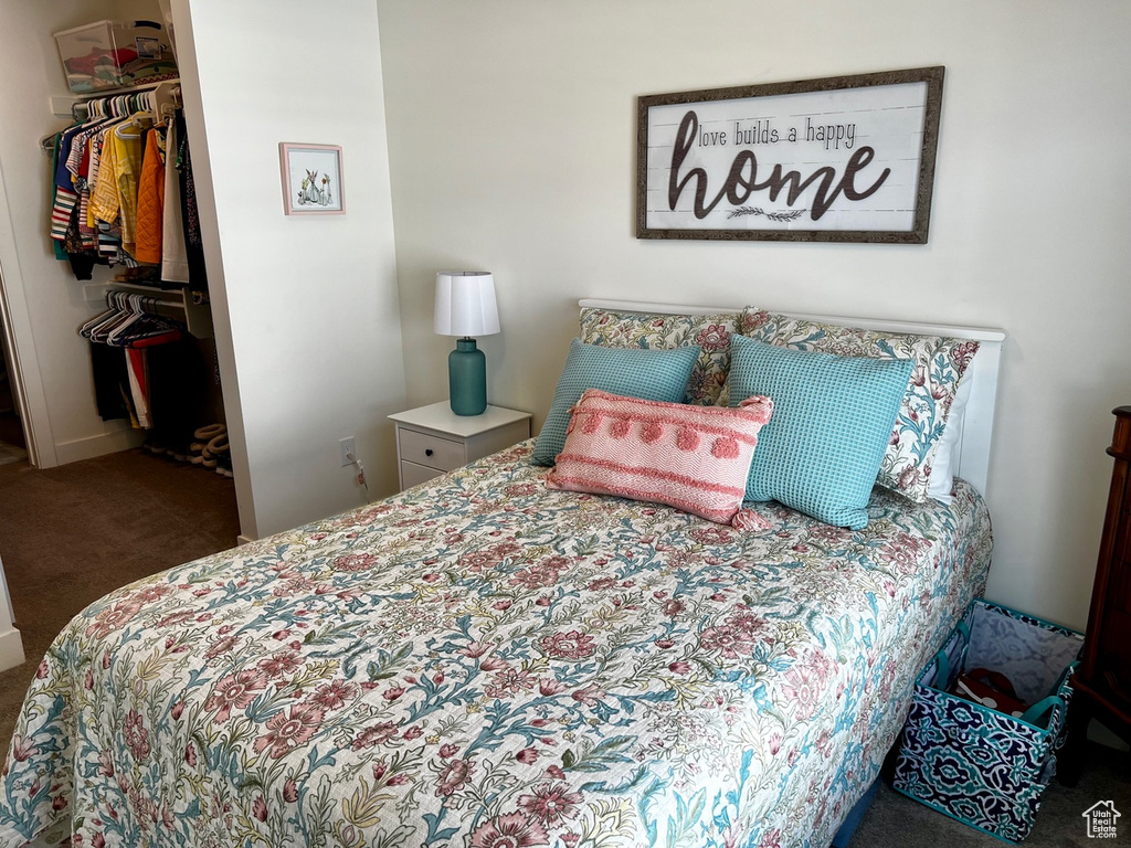 Bedroom featuring carpet flooring, a spacious closet, and a closet