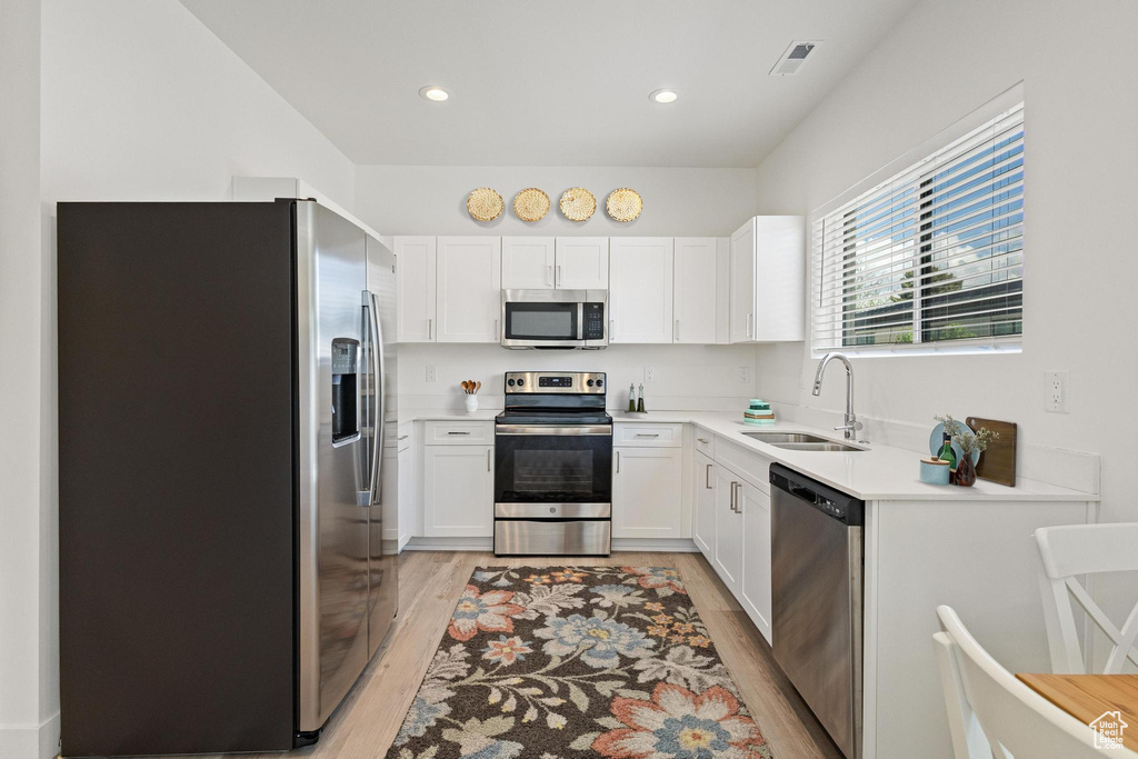 Kitchen featuring white cabinets, a sink, light wood-style flooring, stainless steel appliances, and visible vents