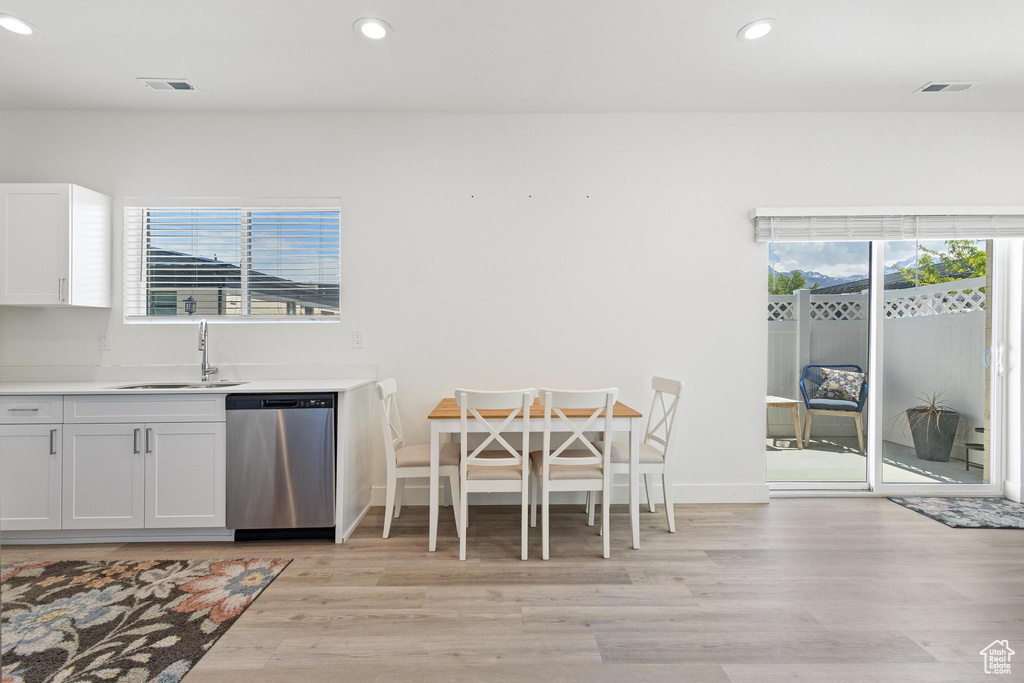 Kitchen featuring a sink, plenty of natural light, stainless steel dishwasher, and visible vents