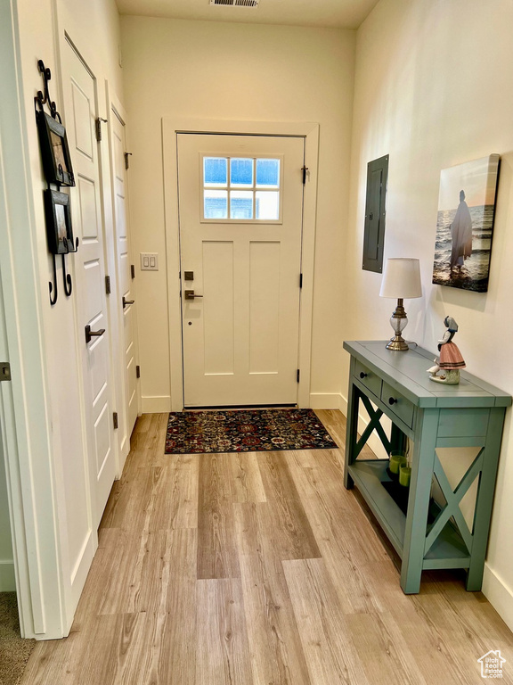 Foyer with light hardwood / wood-style floors and electric panel