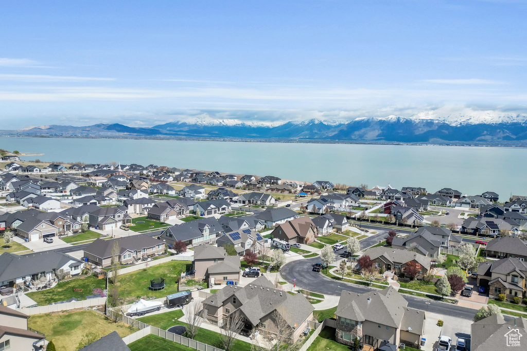 Bird's eye view with a water and mountain view