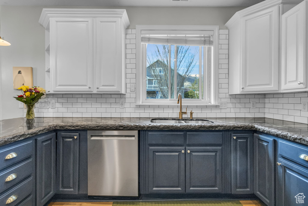 Kitchen with white cabinets, sink, and stainless steel dishwasher