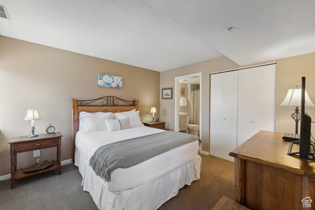 Carpeted bedroom featuring a closet and ensuite bathroom