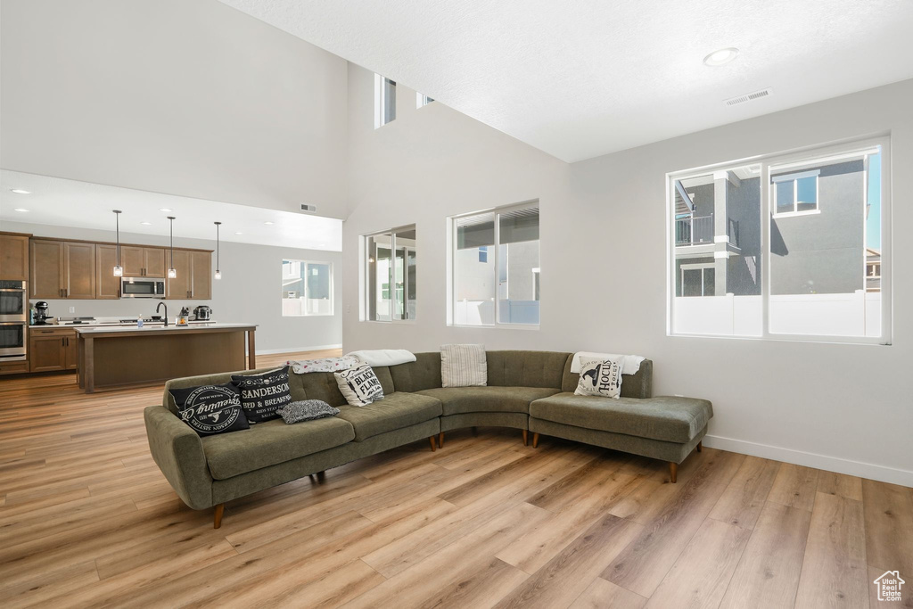 Living room featuring sink, light hardwood / wood-style floors, high vaulted ceiling, and a healthy amount of sunlight