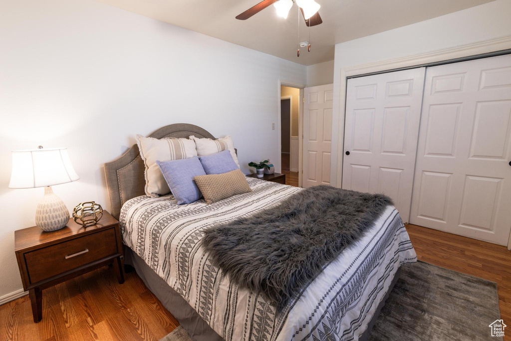 Bedroom with a closet, ceiling fan, and dark hardwood / wood-style floors