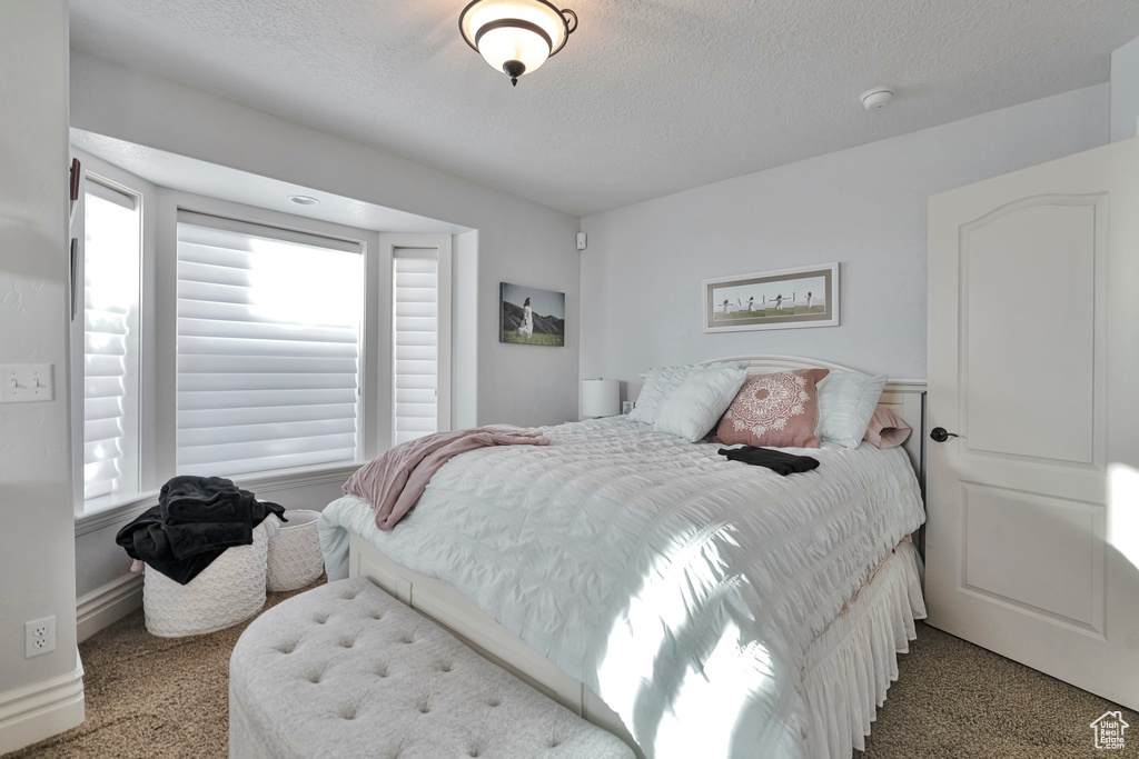 Carpeted bedroom with a textured ceiling