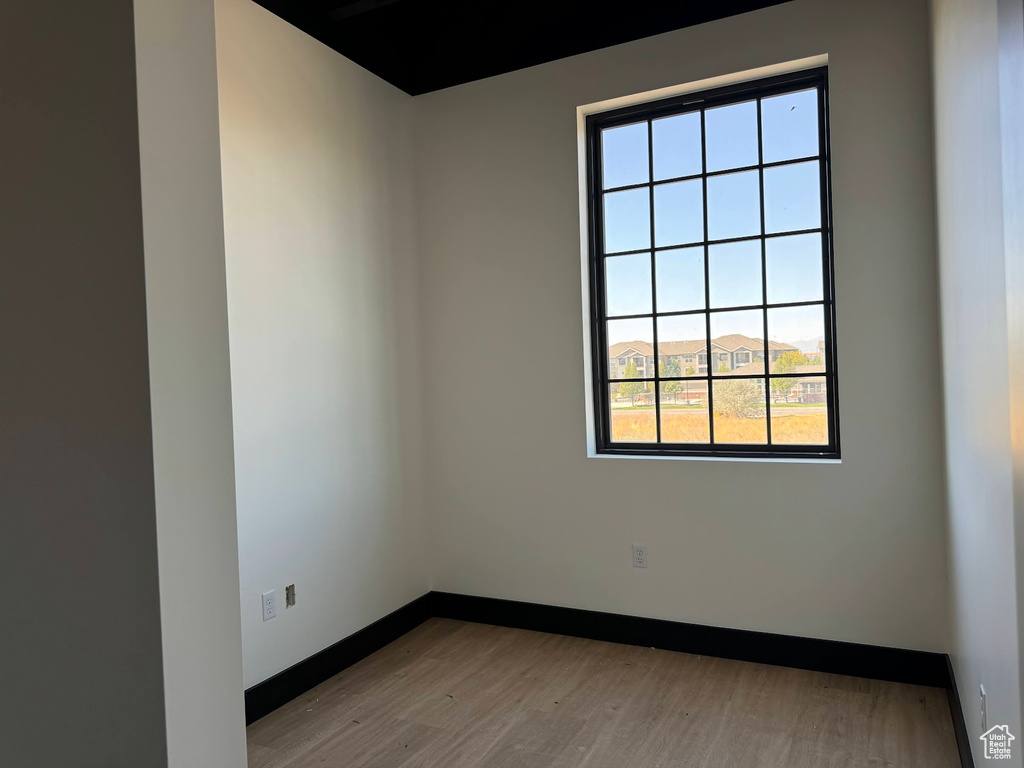 Unfurnished room featuring a mountain view, plenty of natural light, and light hardwood / wood-style floors