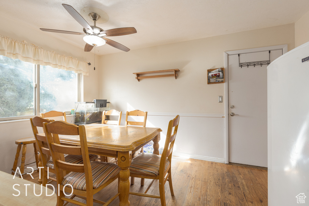 Dining space with ceiling fan and hardwood / wood-style flooring