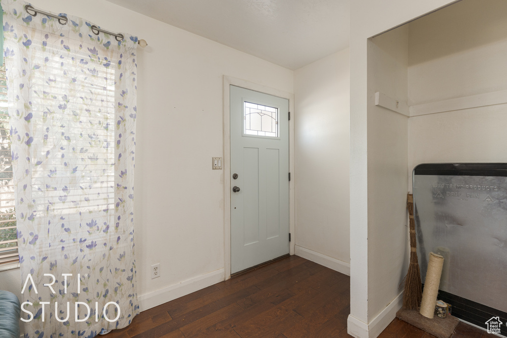 Entryway with dark wood-type flooring