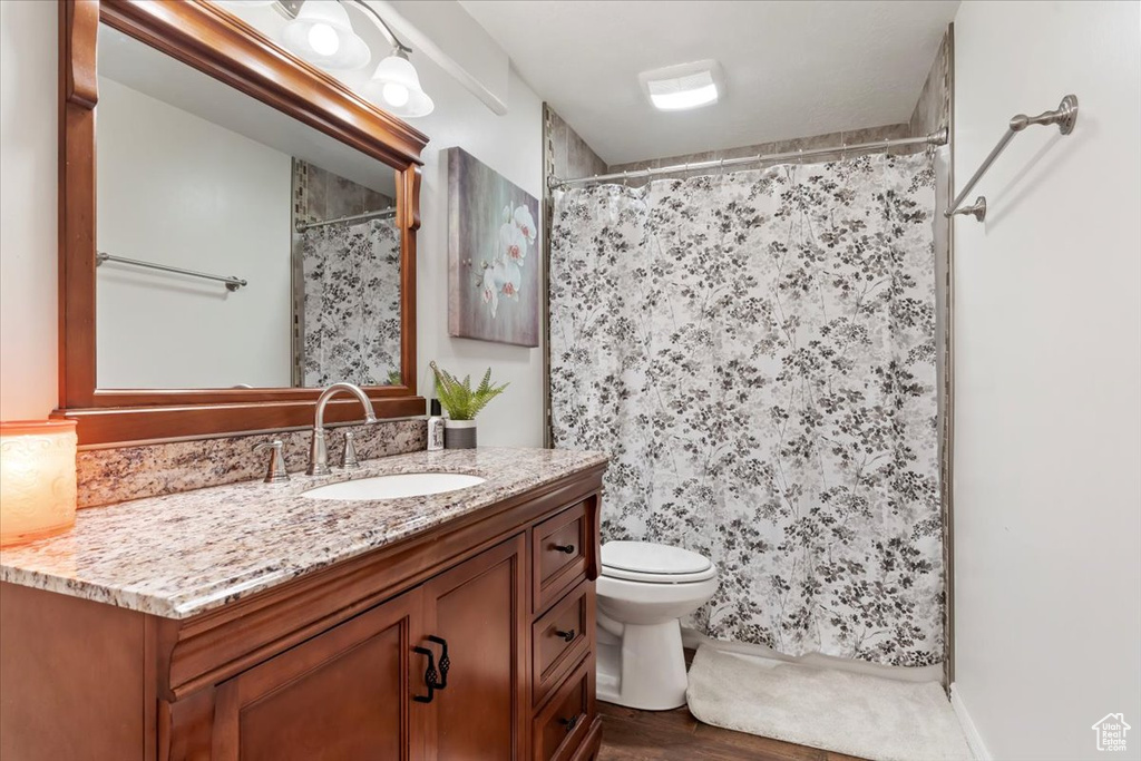 Bathroom with hardwood / wood-style floors, vanity, toilet, and a shower with curtain