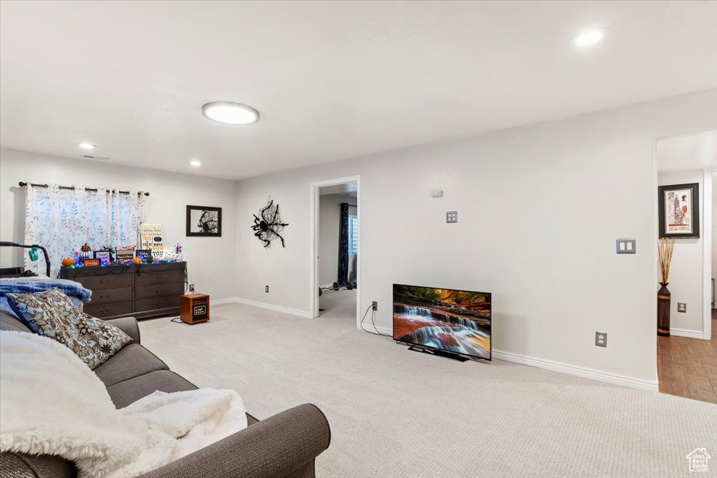 Living room with light carpet