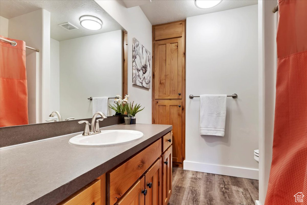 Bathroom with wood-type flooring, vanity, and toilet