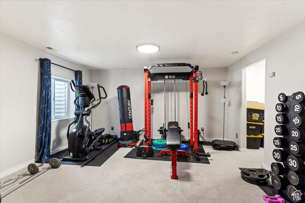 Workout area with carpet flooring