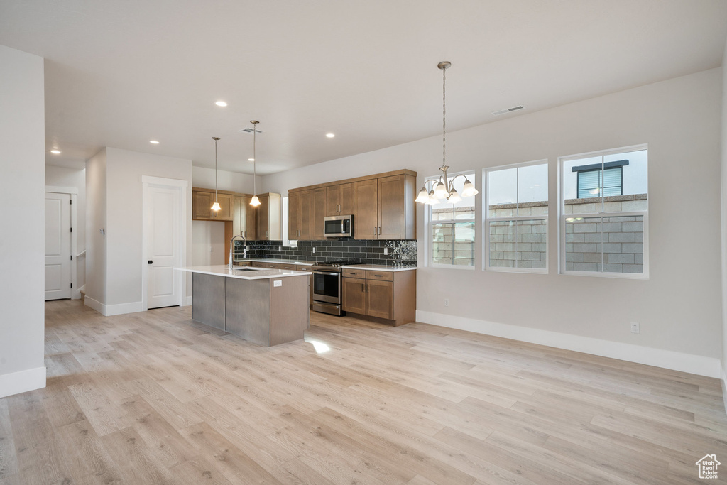 Kitchen featuring pendant lighting, a center island with sink, stainless steel appliances, and light wood-type flooring