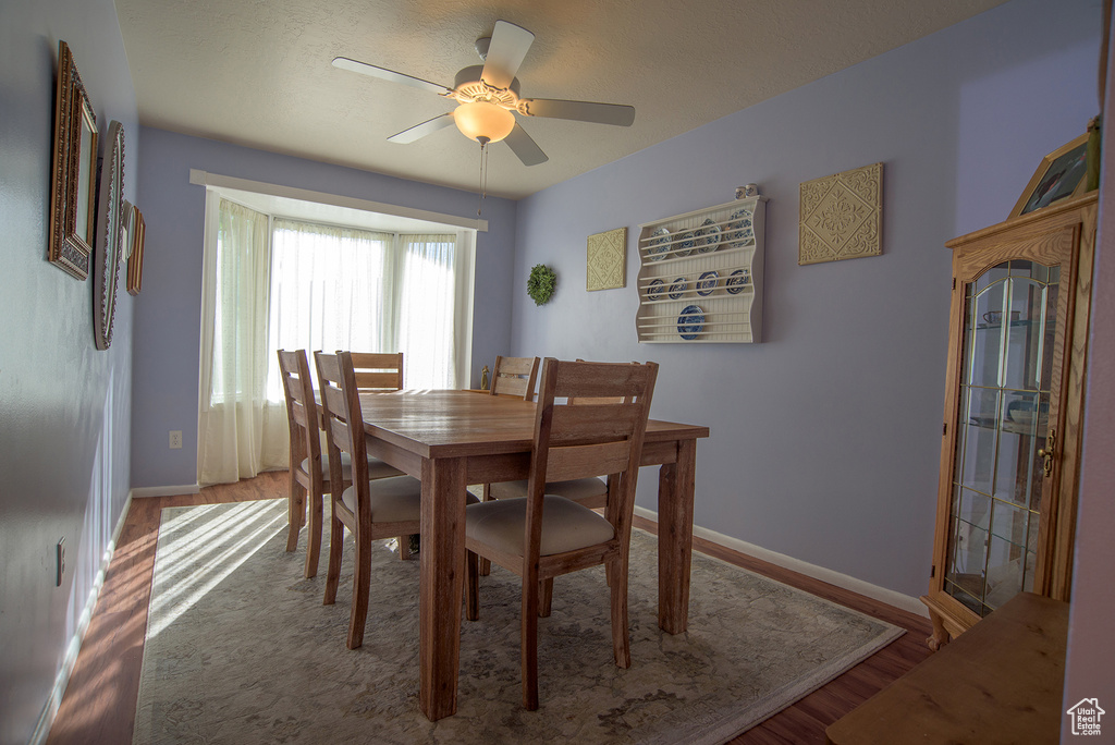 Dining room with ceiling fan and hardwood / wood-style floors