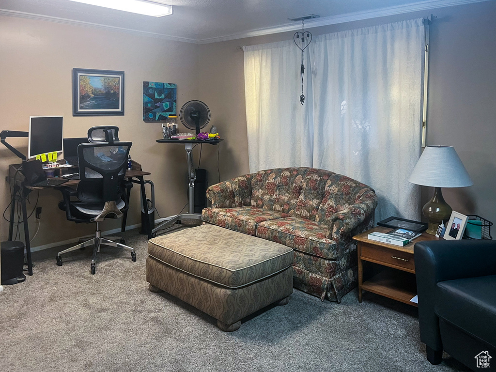 Carpeted office space featuring ornamental molding