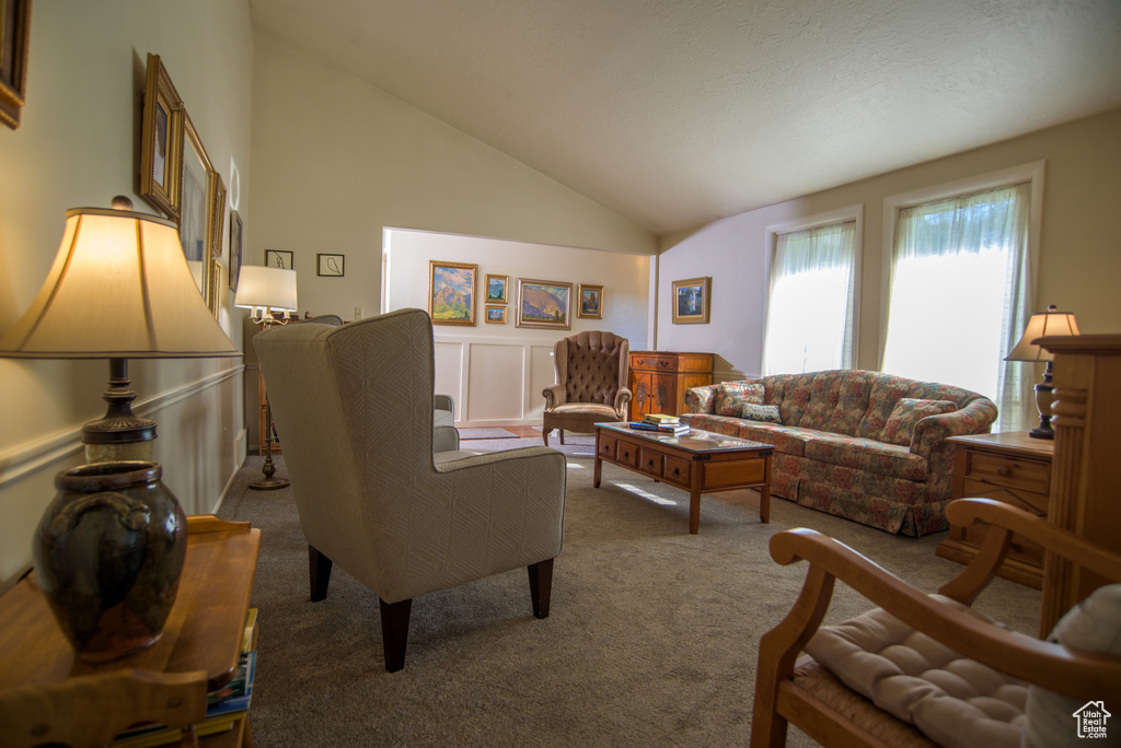 Carpeted living room with vaulted ceiling