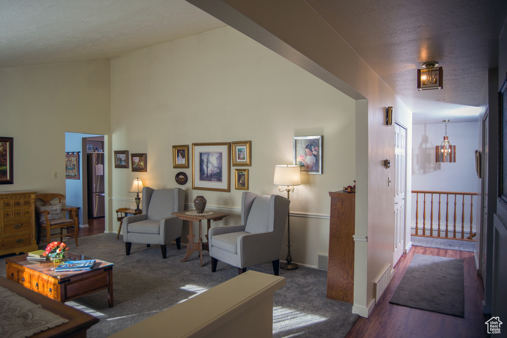 Carpeted living room featuring a textured ceiling and high vaulted ceiling