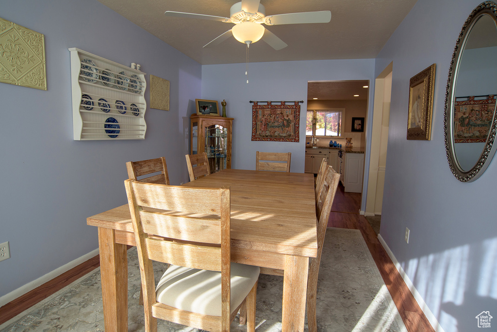 Dining space featuring wood-type flooring and ceiling fan