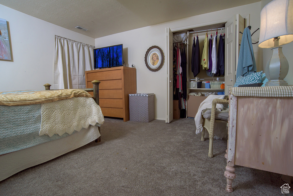 Carpeted bedroom featuring a closet