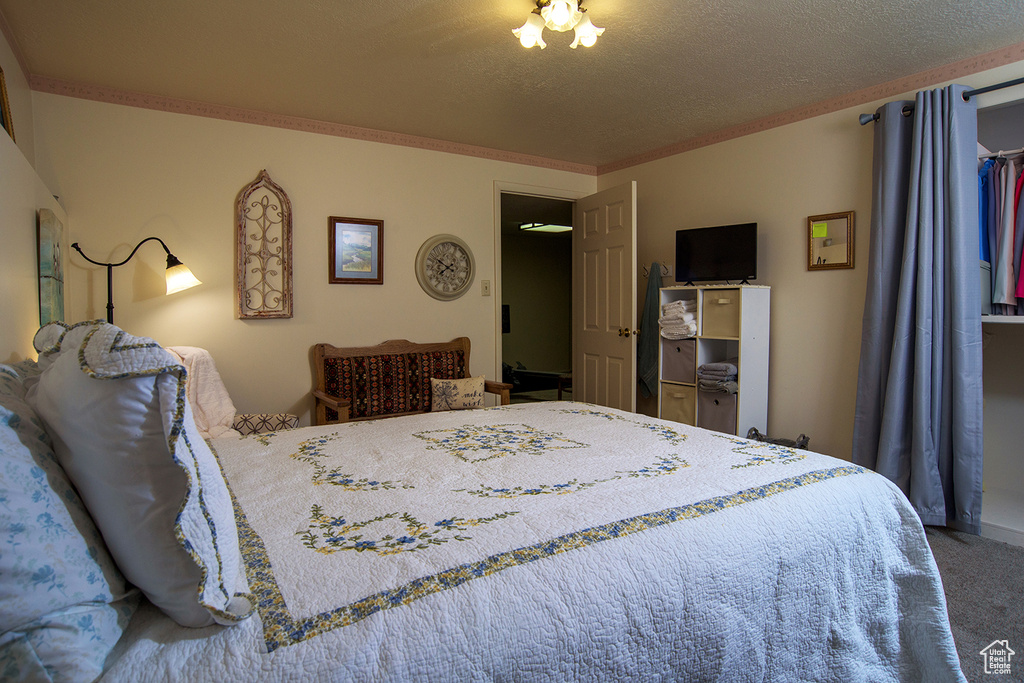 Bedroom featuring carpet floors and a textured ceiling