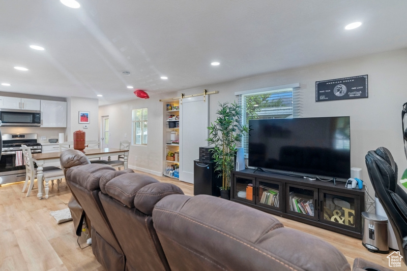 Living room featuring light hardwood / wood-style flooring and a barn door