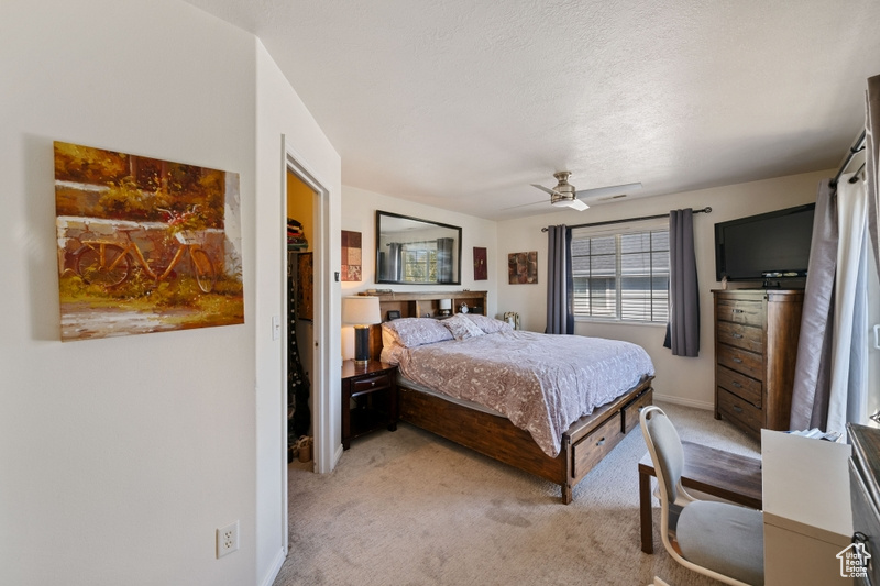 Carpeted bedroom with a closet, ceiling fan, and a textured ceiling