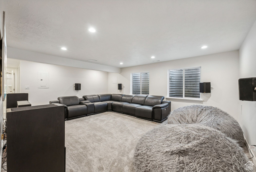 Living room with carpet floors and electric panel