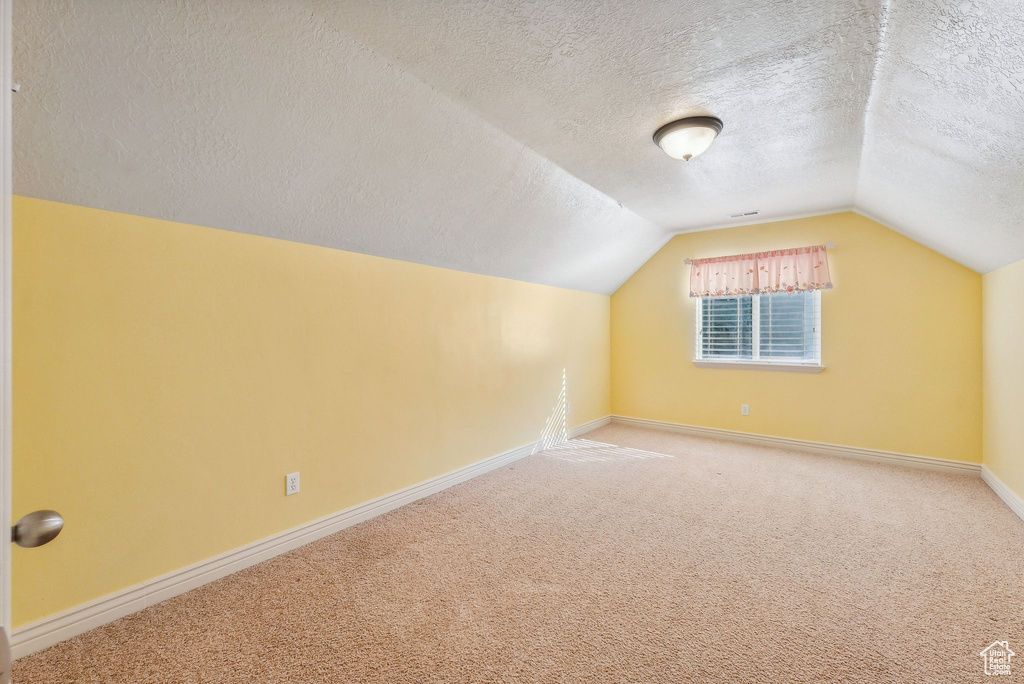 Bonus room featuring vaulted ceiling, a textured ceiling, and carpet floors