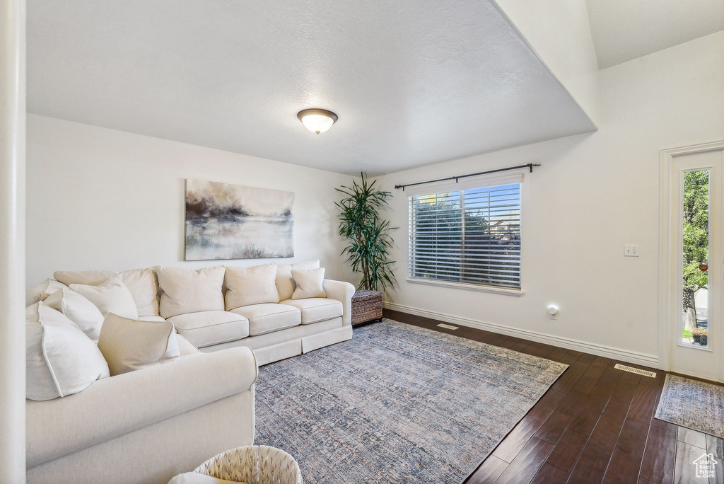 Living room featuring a textured ceiling, dark hardwood / wood-style floors, and plenty of natural light