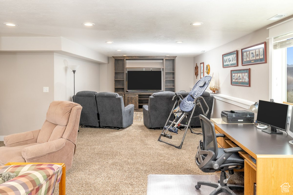 Interior space with light colored carpet