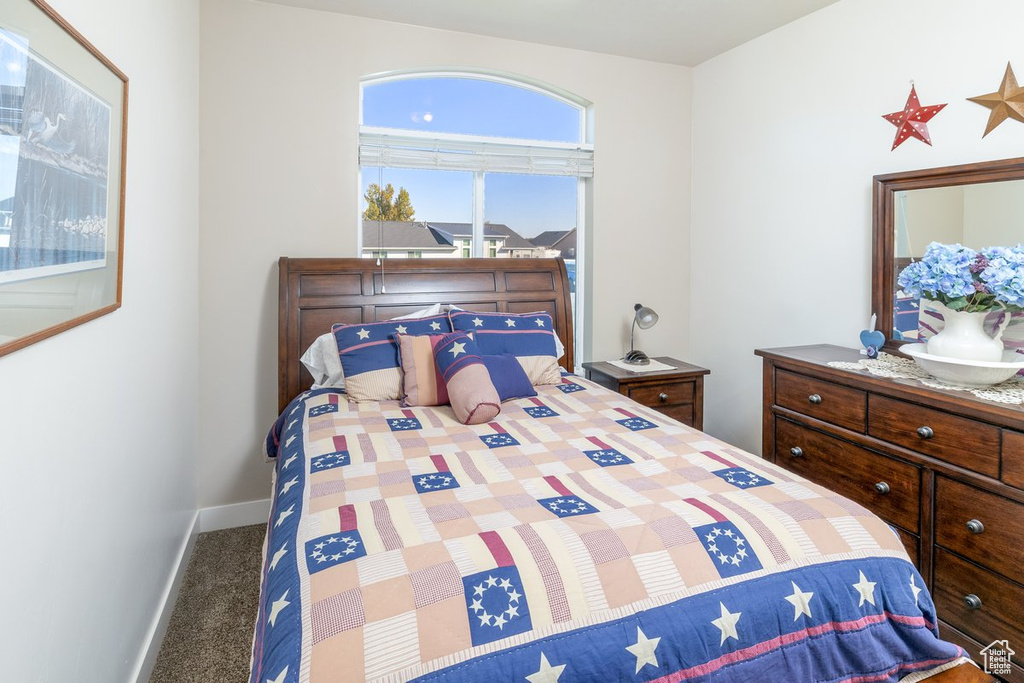 Bedroom with dark carpet