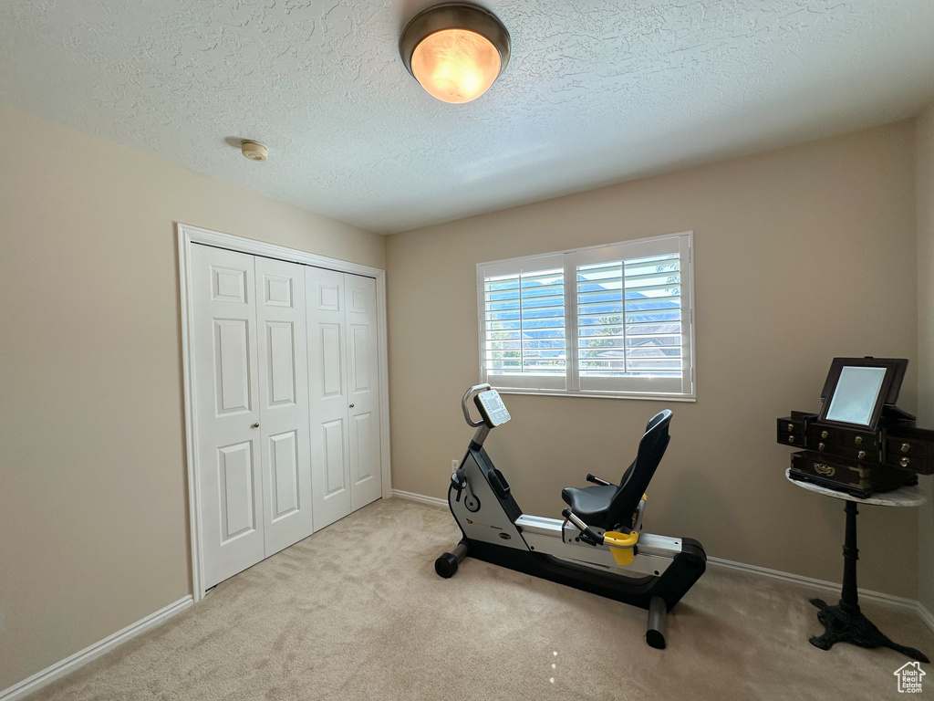 Workout area with a textured ceiling and light colored carpet