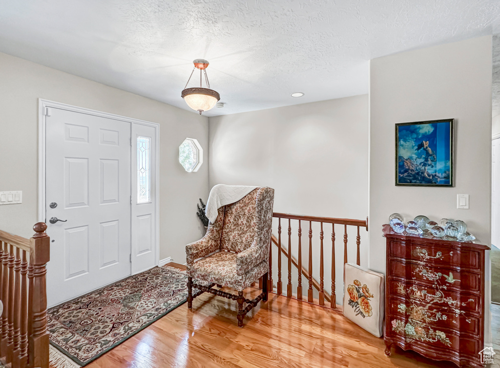 Foyer featuring a textured ceiling and wood-type flooring